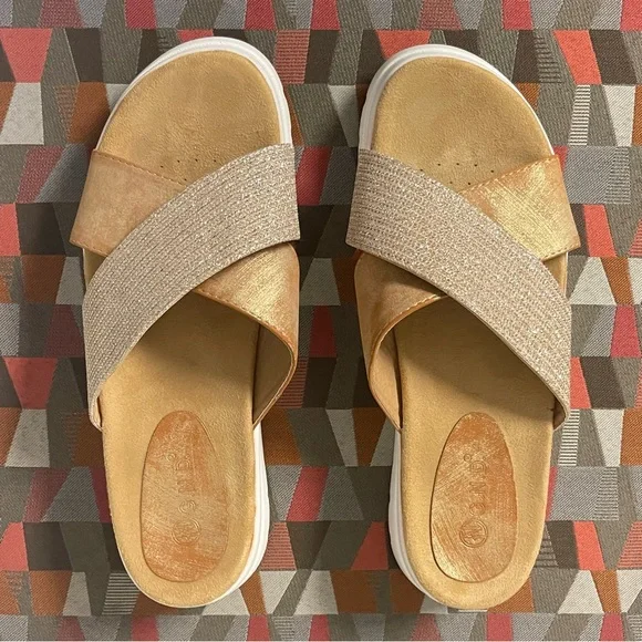 G.N.D. Crossover Platform Sandal - White Tan & Gold Tones - Size 10 - Picture 7 of 12